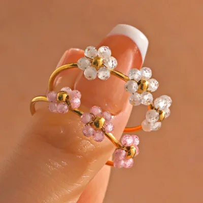 Women Pink White Colorful Crystal Zircon Flower Ring Non Fading Gold Plated Stainless Steel Adjustable Flower Open End Ring