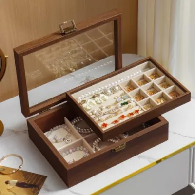 Modern Walnut Wooden Jewelry Box Glass Lid 2-Tier Storage Organizer Multifunction Desktop Display Case for Bag Rings Earrings