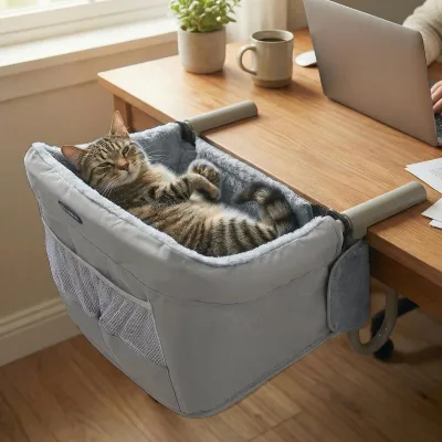 Cat Desk Bed for Desktop under 3.7", Dual-Clamp Mount, Washable Cover, Soft Fur, Easy Assembly, Home Office Use