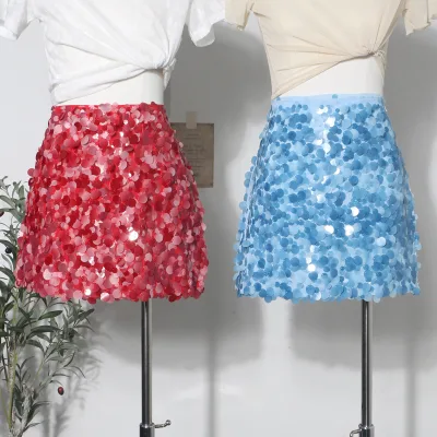 Real-shot Style sassy Sequined High-waisted Slimming A-line Mini Dress Anti-Wrinkle Feature Polyester Material Skirt