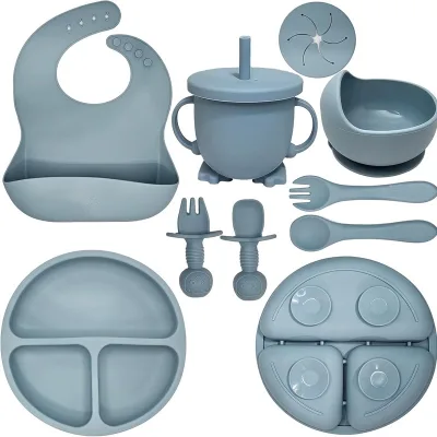 Food Grade Silicone Baby Feeding Set, Bib Spoon Fork Bowl, Infant Solid Food Supplies, Safe Silicone Tableware for Toddlers
