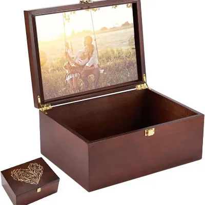 Larger Wooden Engraved Memory Keepsake Boxes Hinged Lids Photo Frame-Customizable Color Logo Reusable Decorative Storage Box