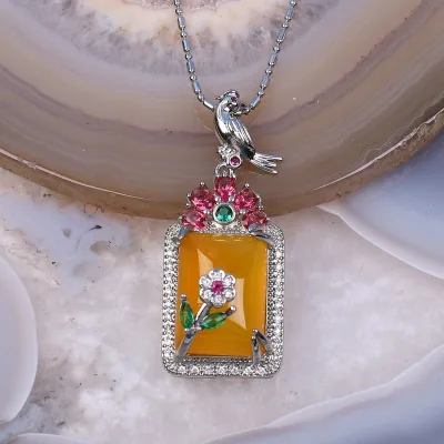 Chinese style pendant jewelry chalcedony pendant with flowers and birds for necklaces stone with zircon around charms