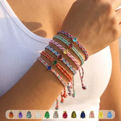Personalized Handmade Braided Rope Bracelet with Teardrop Zircon Gemstone Birthstone Gift Candy Color Customizable DIY Jewelry