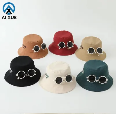 Cotton Bucket Hat with Sunglasses for Kids Cartoon Pattern Embroidered Children's Sun Hat for Casual & Outdoor Activities Travel