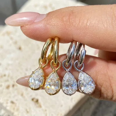 Wholesale Solitaire diamond Silver 925 Statement Jewelry Minimalist Gold Plated 1ct Tear Drop Pear Moissanite Drop Hoop Earrings