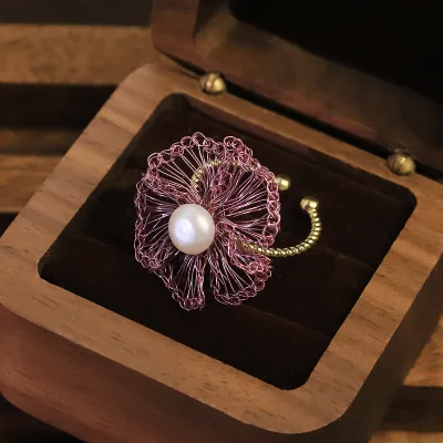 Genuine Freshwater Pearl Purple Flower Open Ring for Women Daily Party Gift Original Design Hand Woven Ring Fashion Jewelry