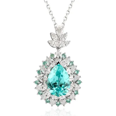 9ct Lab Created Paraiba 925 Silver Necklace Fine Pendant Necklaces Pear Cut Paraiba Necklace Fashion Wedding Necklace for Women