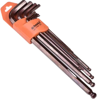 ASAKI AK-7407 Long Type S2 Plated Ball Point End Hex Key Wrench Set Hex Key  9pcs #1.5mm 2mm 2.5mm 3mm 4mm 5mm 6mm 8mm 10mm