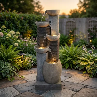 Imitation Stone Column Cascading Waterfall Decor, Illuminated Polyresin Freestanding Jar Fountain for Outdoor Garden