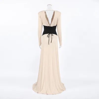 Polyester European American Sexy Deep V-Neck Slimming Color-Blocking High-Waisted Floor-Length Long Sleeve Fashionable Dress