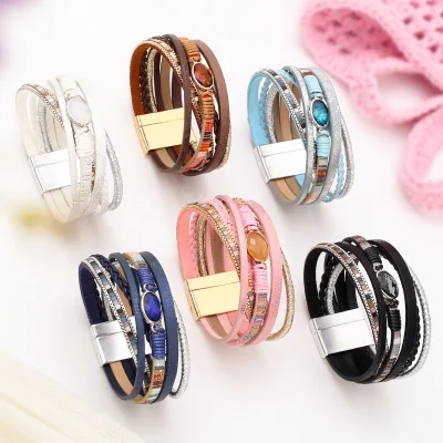 Cross-border Bohemian-style multi-layer vintage PU leather and cowhide bracelet with crystal accents and magnetic clasp