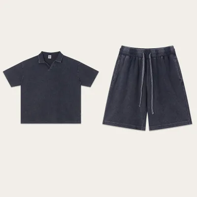 Summer American Fashion Retro Washed Short Sleeved Waffle Textured Shorts Casual Sports Suit for Men