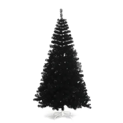 Solid Black Artificial Christmas Tree with Foldable White Metal Stand Gothic Halloween Xmas Indoor Decor