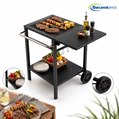 Two Tier Rolling with Foldable Side Leaf S Hooks Chrome Handle and Large Wheels Black Metal Kitchen BBQ Grill Cart