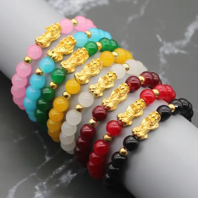 Trendy Handmade Colorful 8mm Beads Adjustable Elastic Pixiu Stone Agate Bead Bracelet for Women Girls