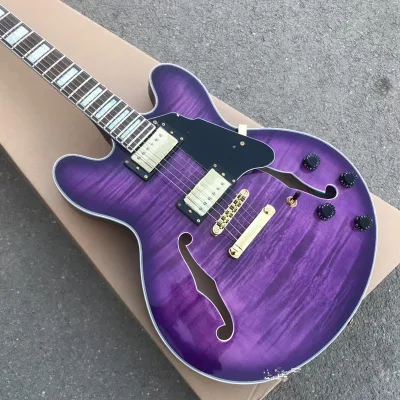 Semi-Hollow ES-335 Electric Guitar with Maple Body Rosewood Fretboard Purple Tiger Pattern Gold Accessories 6 Strings