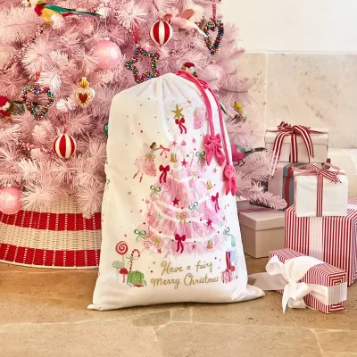 Monogrammed Fairy Merry Christmas Santa Sack Canvas pink Bow String Tree Pattern Lovely Santa Sacks for Girls