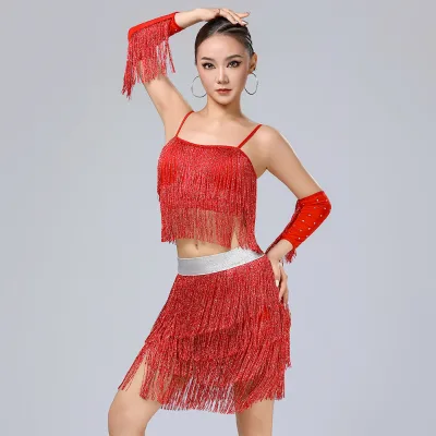New Fashion Women's Ballroom Dance Performance Wear Shiny Latin Competition Dress with Printed Sizes and Tassels Garment