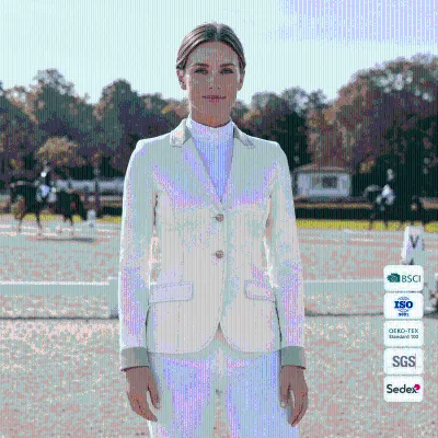 Women's Cream Equestrian Dressage Jacket Double Gold Button Grey Trim Collar Riding Blazer OEM Custom Wholesale
