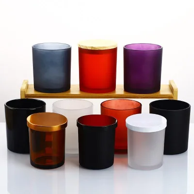 Luxurious 3oz, 5oz, 8 Oz, 11 Oz, 15 oz Colored Frosted Glass Candle Jars with Bamboo and Metal Lids.