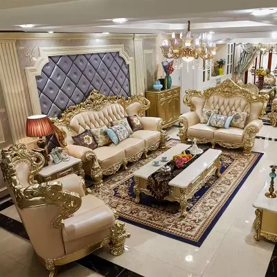 Premium Gold Leaf Finish & Tufted Leather Upholstery Living Room Furniture High End Baroque Gold Carved Wooden Sofa Set