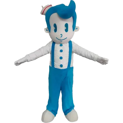Custom Cute Blue Overall Boy Mascot Costume With Crooked Hair