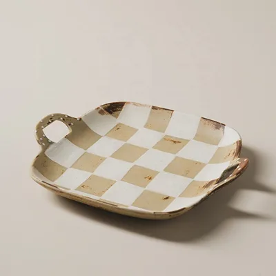 Porcelain Dinner Plates Checkerboard Ceramic Serving Tray with Handles Commercial Hospitality Platter Retro Bistro Tableware