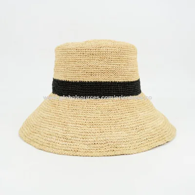 Elegant Fashion Summer Crochet Black Striped Natural Raffia Straw Bucket Hat Wide Brim Floppy Hat for Women