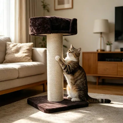 Cat Tree Climbing Scratcher Eco-friendly Sisal Felt Plush Modern Brown Large Cat Scratching Post Kitten Interactive Play Wood