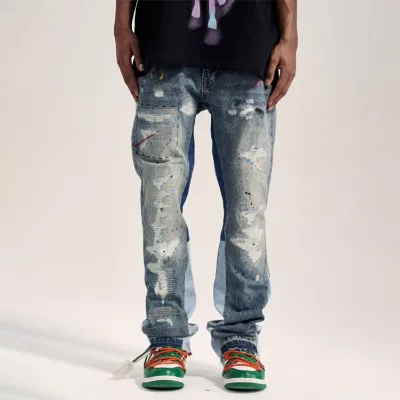 XJYD Custom Paint Splash Ripped Flared Jeans Streetwear Men Vintage Baggy Patchwork Stacked Flare High Quality Denim Jeans Men