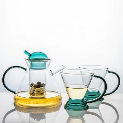 New Modern Design Amber Green Color Glass Tea Set Glass Teapot with Cup Set