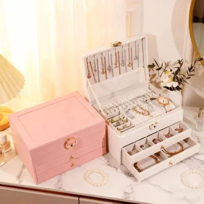 Luxury Diamond Grid 3-layer Jewelry Bag with Lock Large Capacity Leather Jewelry Storage Box Earring Storage Box
