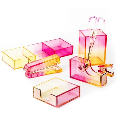 Acrylic Office Supplies Gradient Tape Dispenser Stapler Pen Pencil Holder Staples Remover Stationery Gift Set