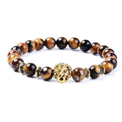 Fashion Natural Stone Lion Head Charms Bracelet Jewelry Tiger Eye Elastic Bracelet for Women Men