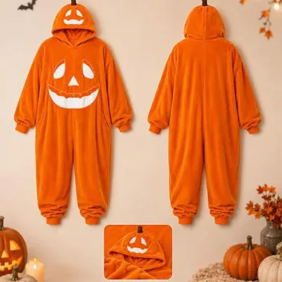Adult Plush Pumpkin Hoodie Onesie-Christmas Pajamas Breathable Fleece Thermal Winter Wear