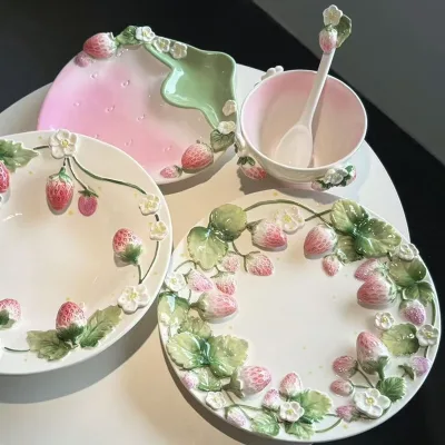 Strawberry Plant Pattern Handmade Ceramic Dessert Plate Lovely Chinese Style Round Shape Pink Color