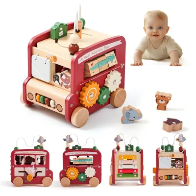 Hot-selling Children's Wooden Early Education Puzzle Multifunctional Six-sided Busy Box Cart, Educational Montessori Bus Toy