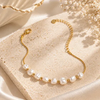Minimalist Steel Gold Plated Irregular Fresh Water Pearl Bracelet Elegant Daily Jewelry