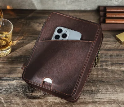 Full Grain Cow Leather Pipe Bag Portable Handheld Travel Tobacco Pipe Pouch Multi Compartment Smoking Accessories Storage Case