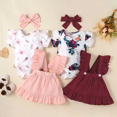 Baby Lace Romper Summer Printing Short Sleeved Romper Solid Color Three Pieces Set Baby Girl Romper Dress