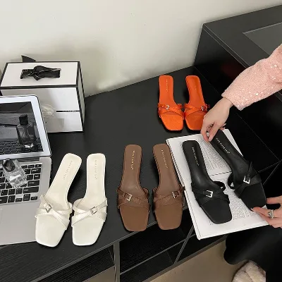 Irregular Heel Black Orange Ladies Casual Slippers Outdoor Silk Women High Quality Flat Shoes