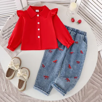 European and American Spring and Autumn Children's and Girls' Suits Red Flying Sleeve Shirt + Denim Pants New Two-piece Suit