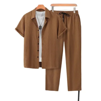 New Short-sleeved Cardigan Shirt Set for Middle-aged and Elderly Men with Lapel Collar