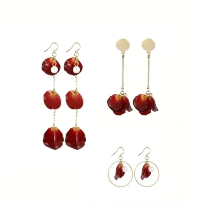 Handmade Real Rose Petal Resin Earrings for Women Natural Pressed Flower Long Drip Earrings