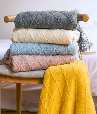 Nordic Retro Acrylic Knitted Blanket Solid Color Modern Design Bed End and Sofa Towel with Printed Pattern
