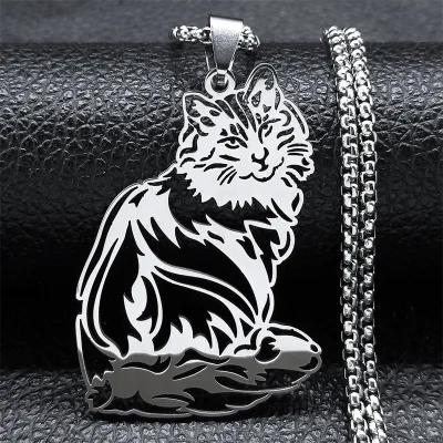 Fashion 18K Gold Plated Stainless Steel Hollow Cute Animal Cat Pendant Necklace for Women Men