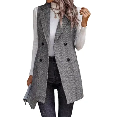 European and American Elegant Retro Women's Lapel Vest Spring and Autumn Fashion New Suit Sleeveless Jacket Wholesale