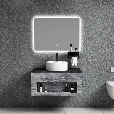 Classics Style Wall Makeup Light Washing Bathroom Vanity With Black Ceramic Countertop