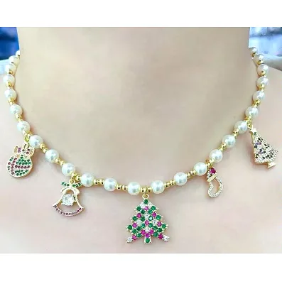 CH-LHN1521 Trendy CZ Christmas Tree Charm Pearl Necklace Gold CZ Christmas Pendant Necklace Wholesale Pearl Chain Necklace